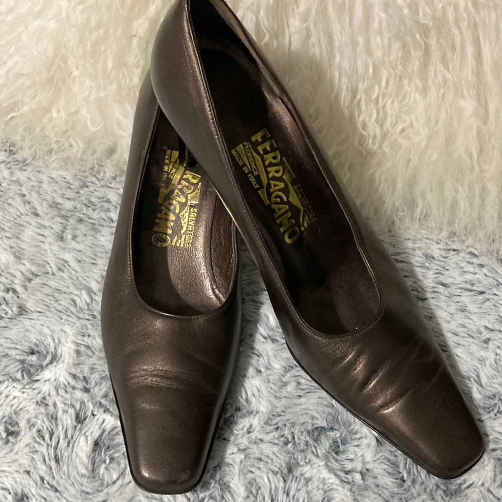 Salvatore Ferragamo brown bronze low heals. Slightly used.